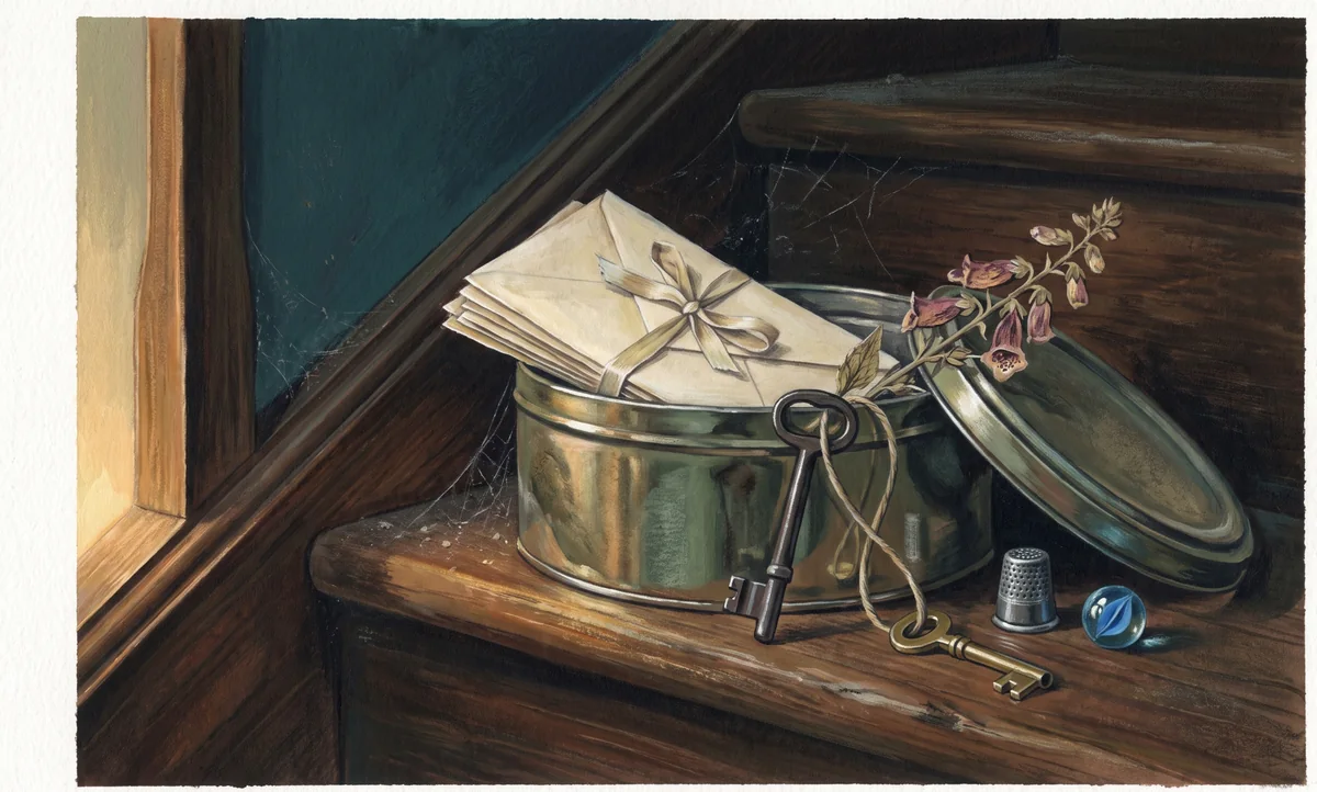 A dented biscuit tin on a dark stair tread, lid tipped off, a bundle of envelopes tied with ribbon, an iron door key, a brass key, a pressed foxglove sprig and a blue glass marble.