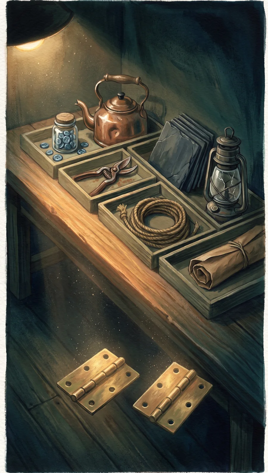 An oiled oak workbench under a single lamp, trays of hinges, buttons, a copper kettle, shears, bell rope and slates, with two matching brass hinges glowing warmer.