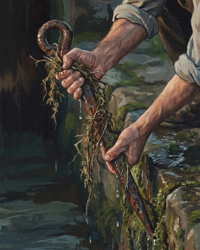 Broad weathered hands lifting a rusted iron sluice pin clear of the water on the mossy stonework of a mill race.